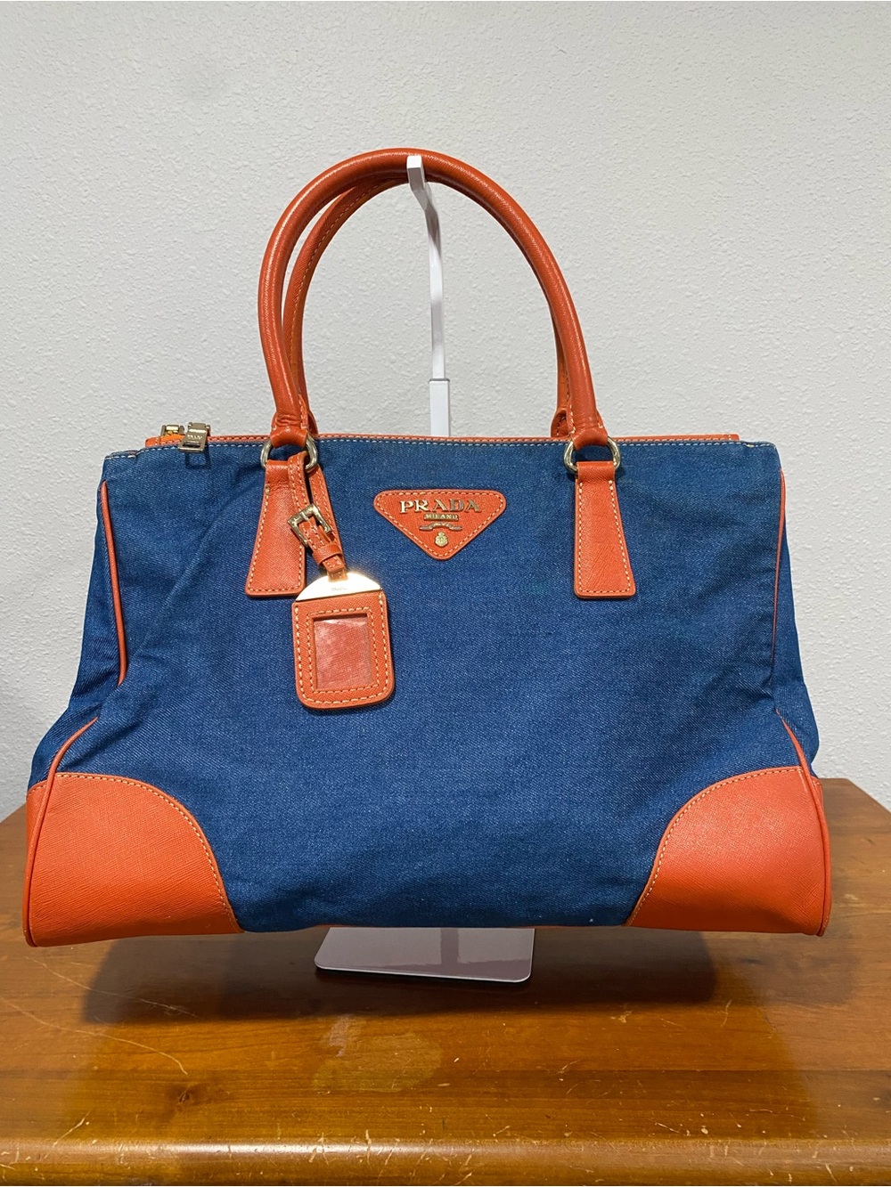 Navy Canvas Tote with Orange Leather Trim